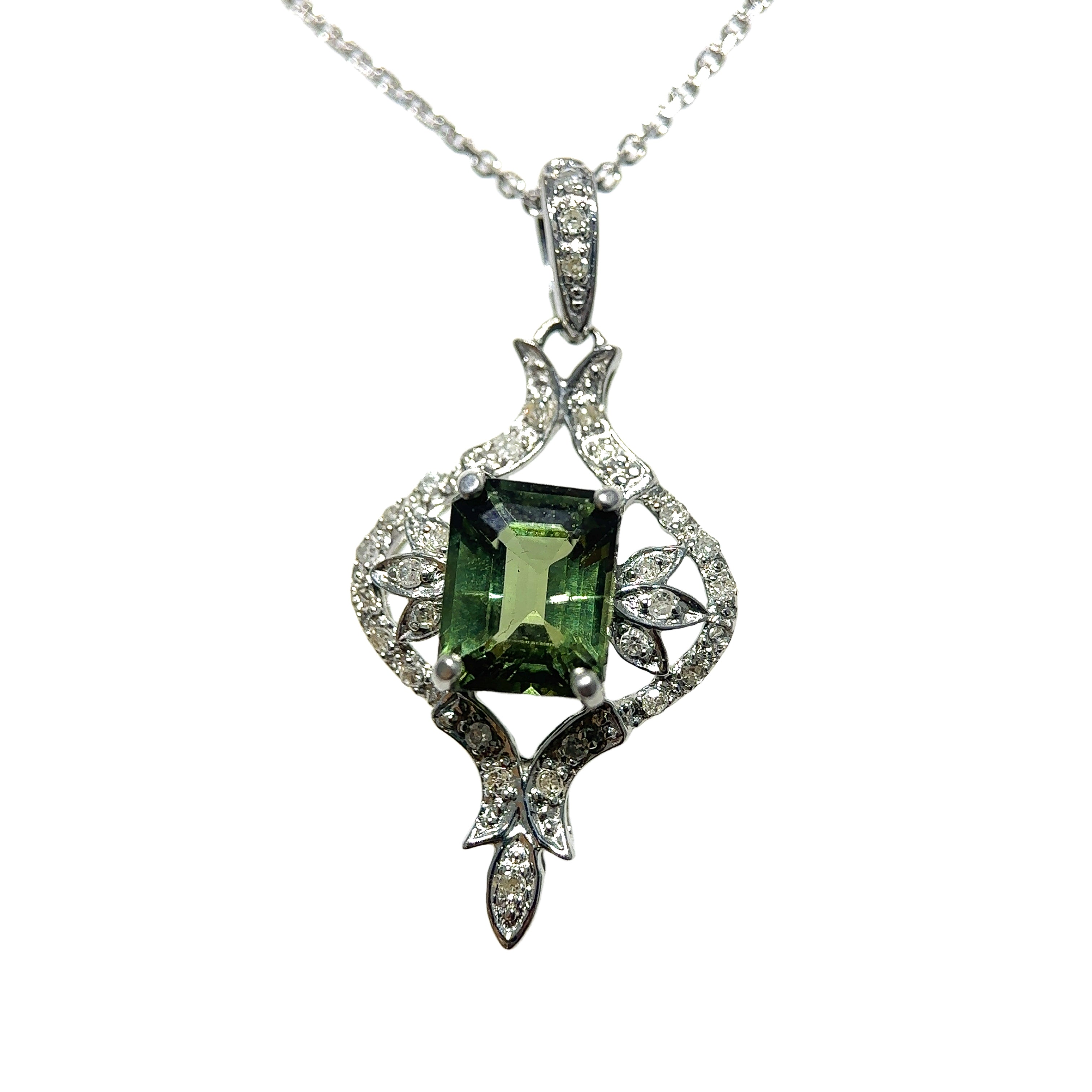 14K White Gold Green Tourmaline & Diamond Vintage Pendant