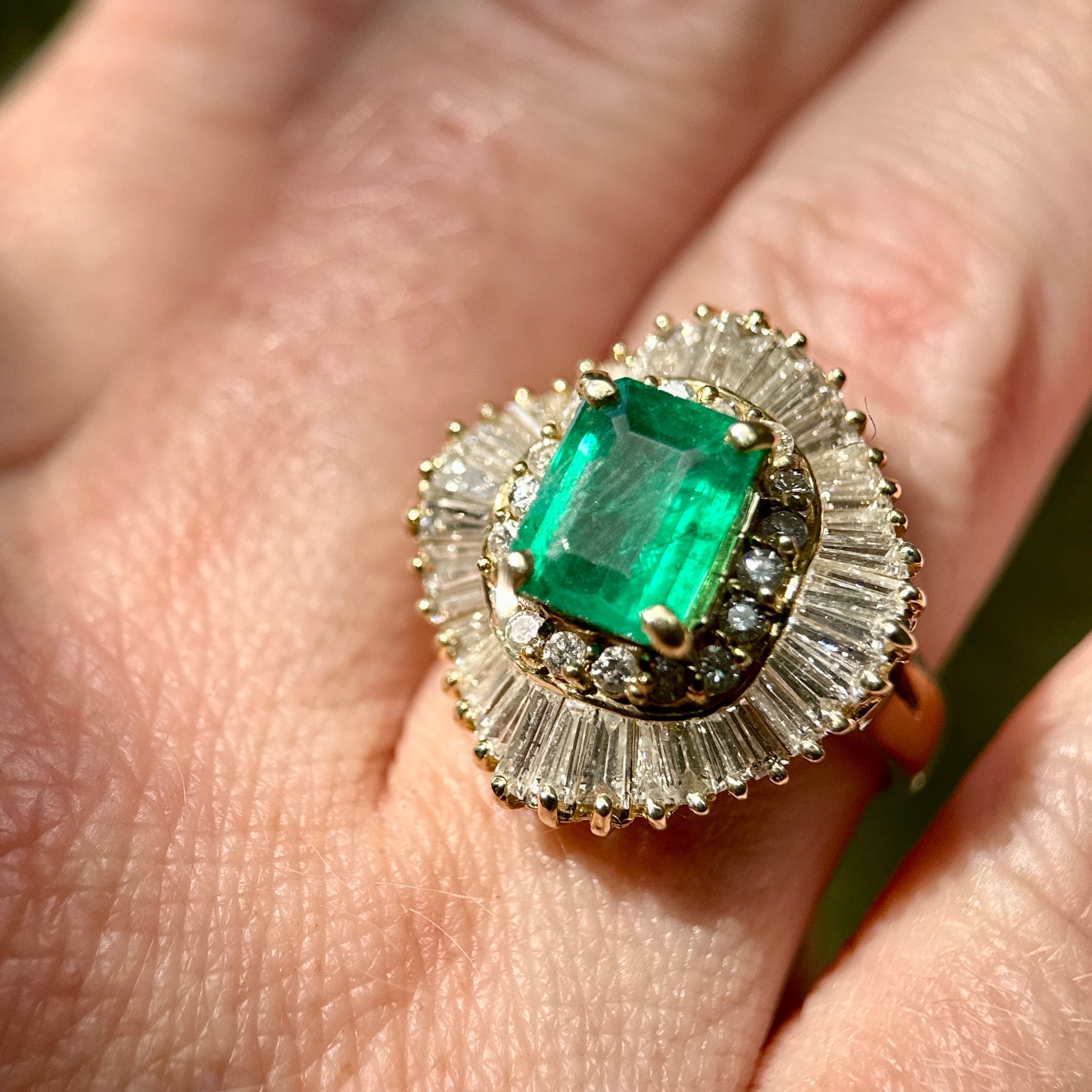 Yellow Gold Emerald-cut Emerald with Diamond Halo Ring