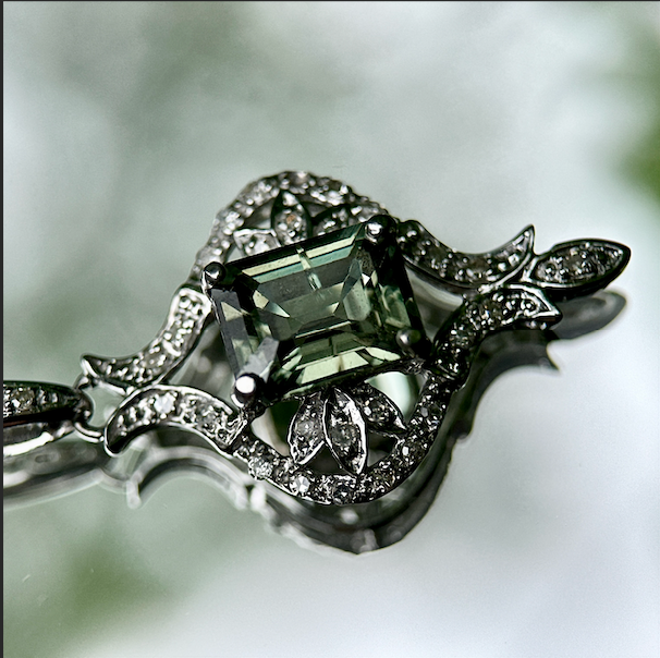 14K White Gold Green Tourmaline & Diamond Vintage Pendant