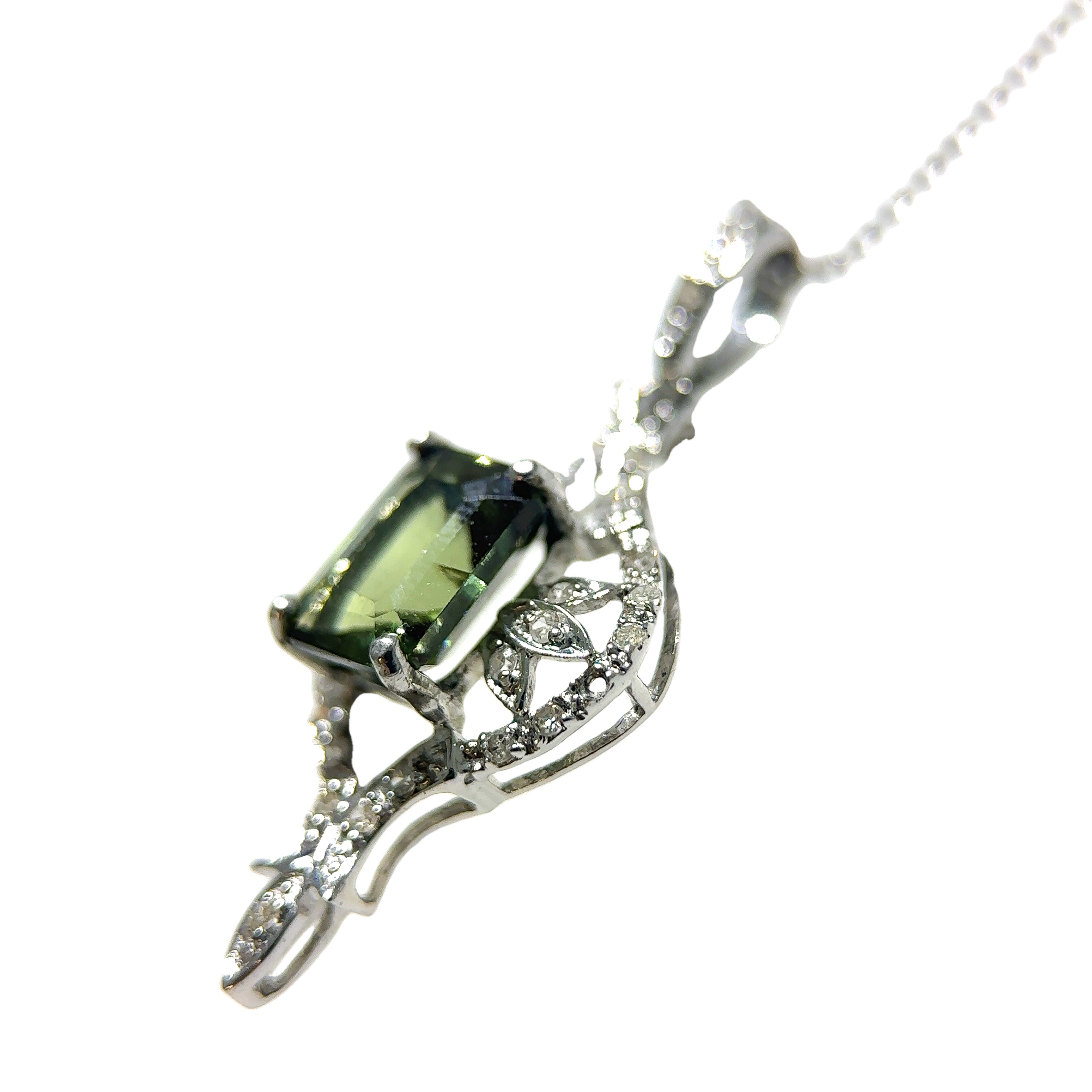 14K White Gold Green Tourmaline & Diamond Vintage Pendant