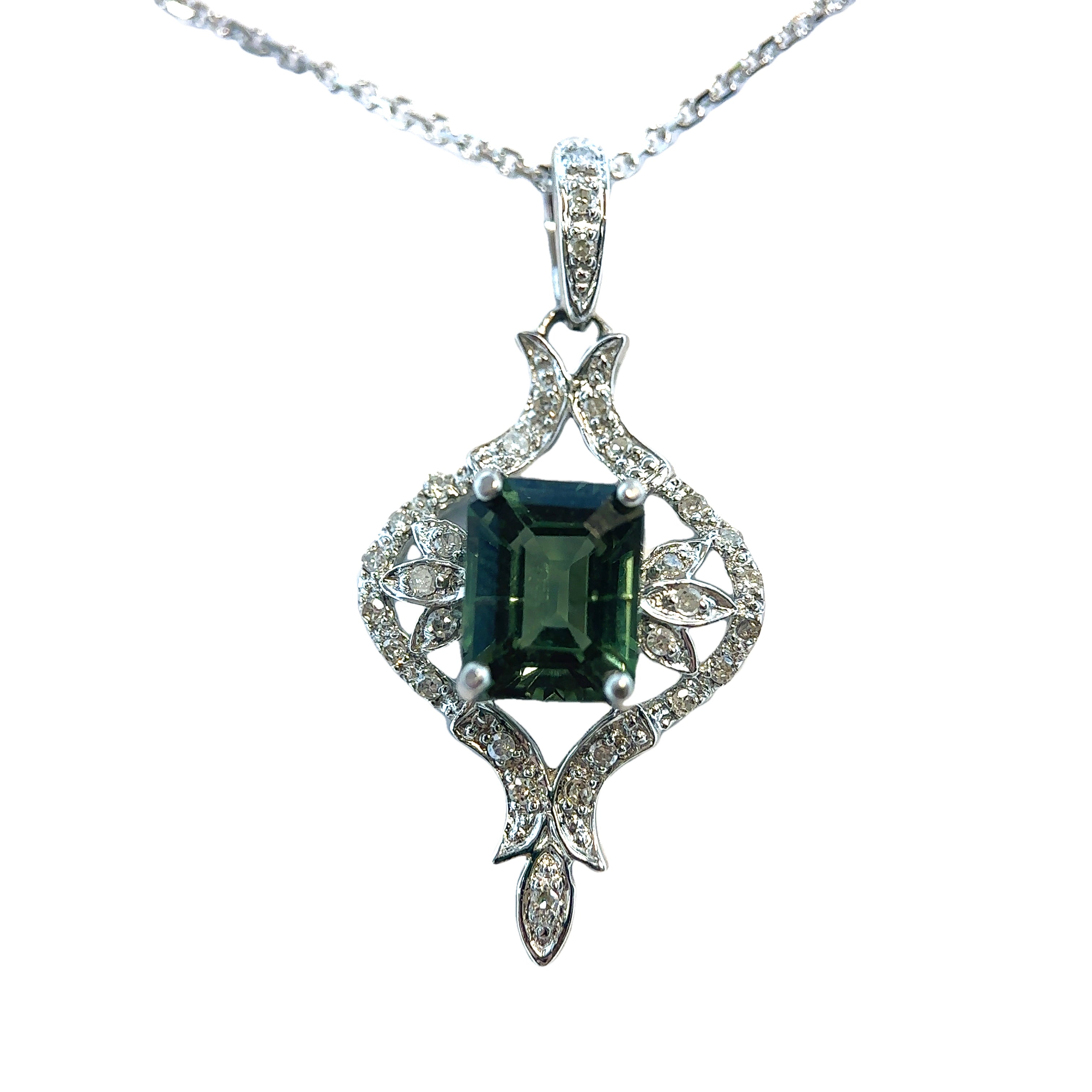 14K White Gold Green Tourmaline & Diamond Vintage Pendant