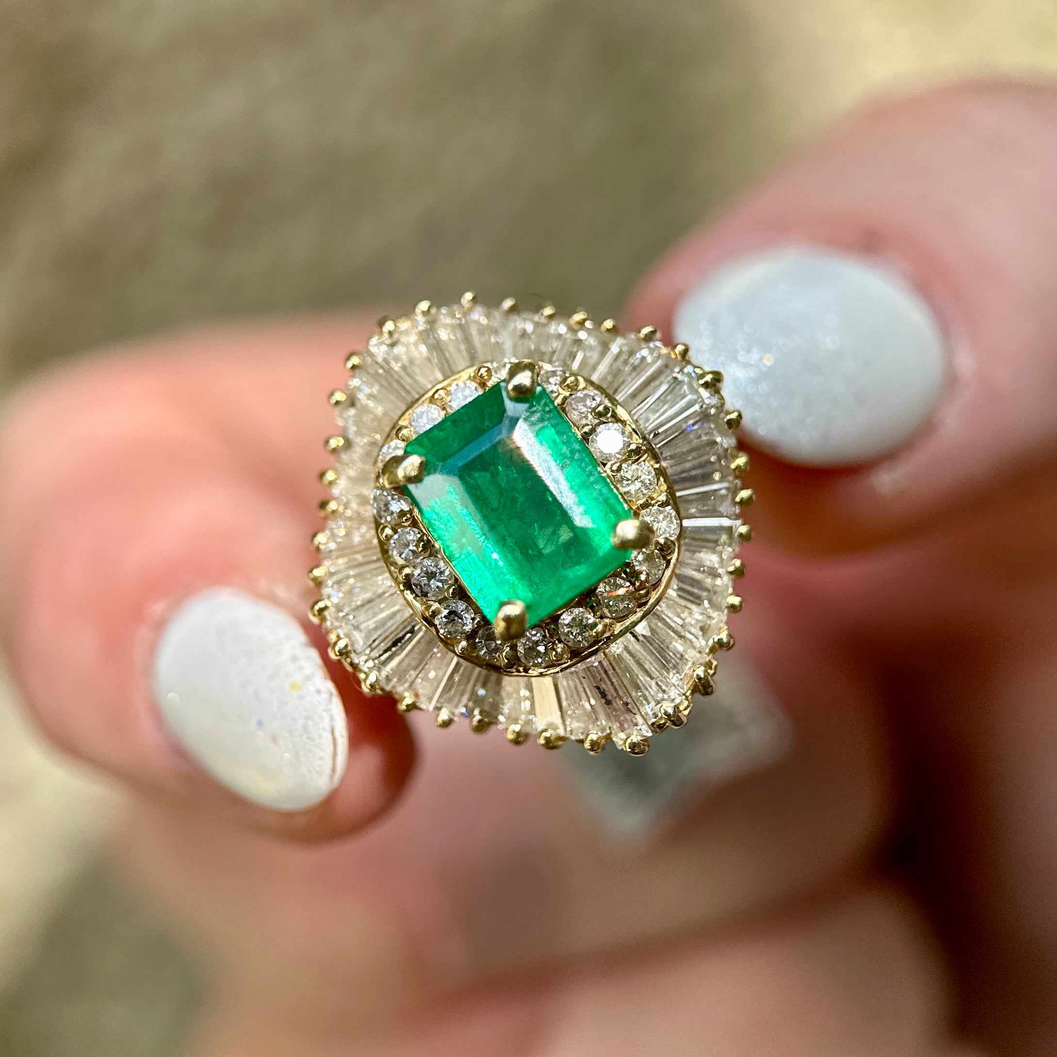 Yellow Gold Emerald-cut Emerald with Diamond Halo Ring